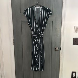 Lark & Ro | Green and white striped wrap dress, flexible fabric and mid length